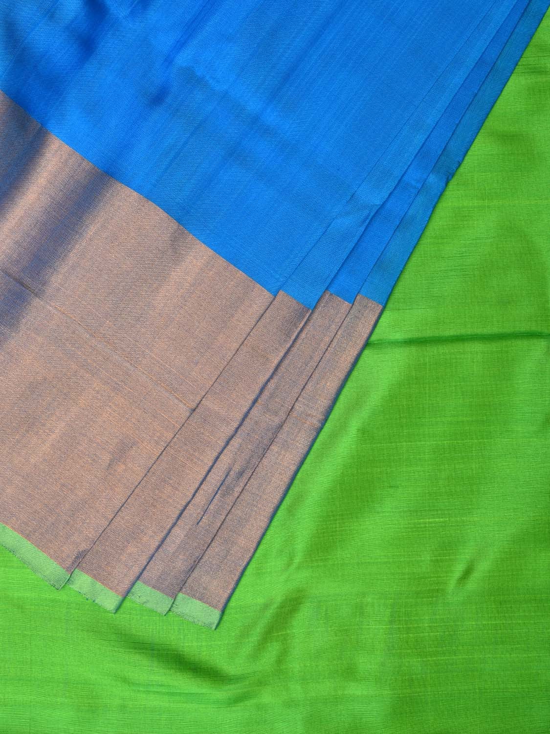 Blue and Green Uppada Silk Handloom Plain Saree with Big Border Design - Global Threads - Distacart