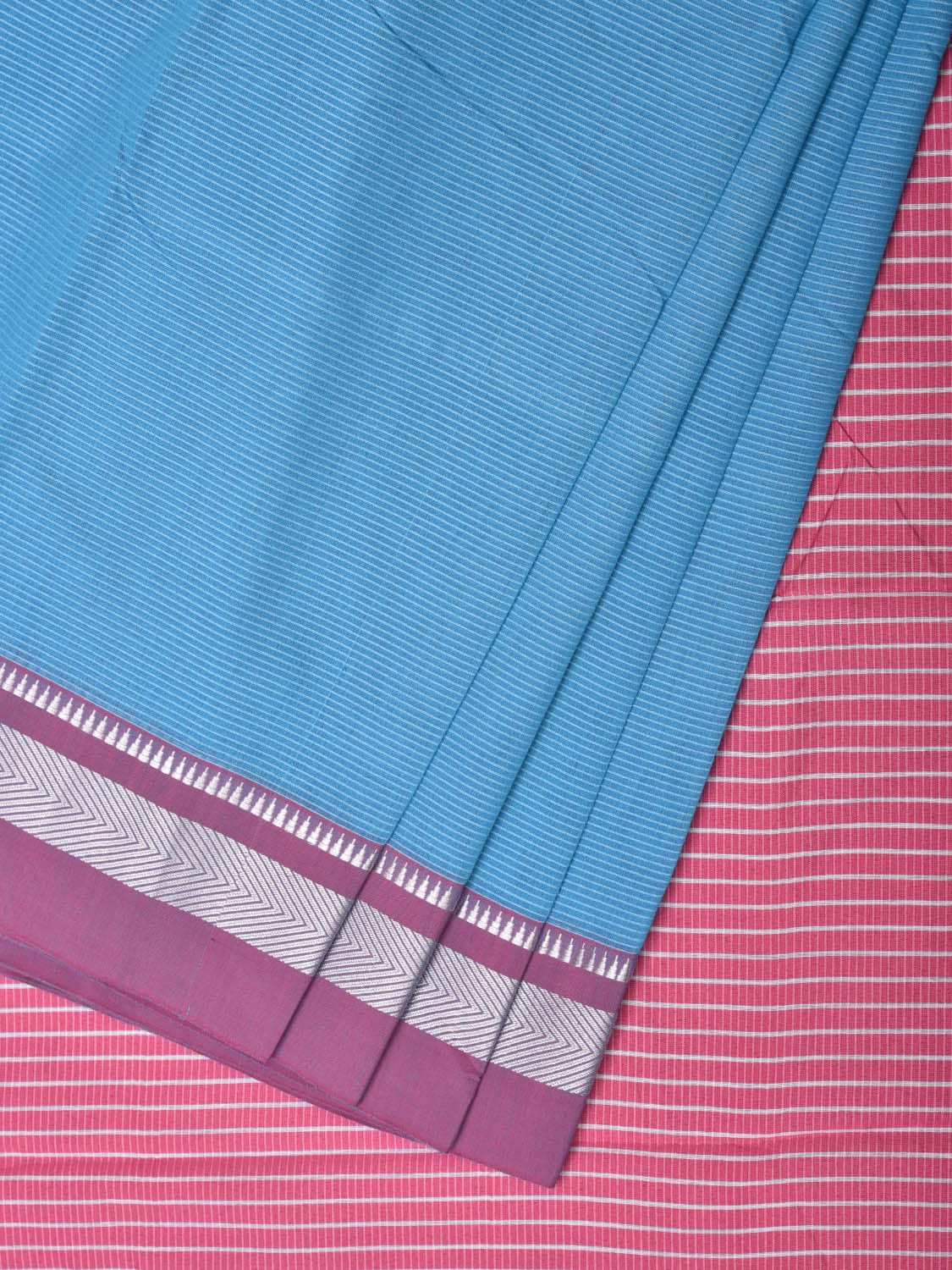 Blue and Pink Bamboo Cotton Saree with Strips Design No Blouse - Global Threads - Distacart