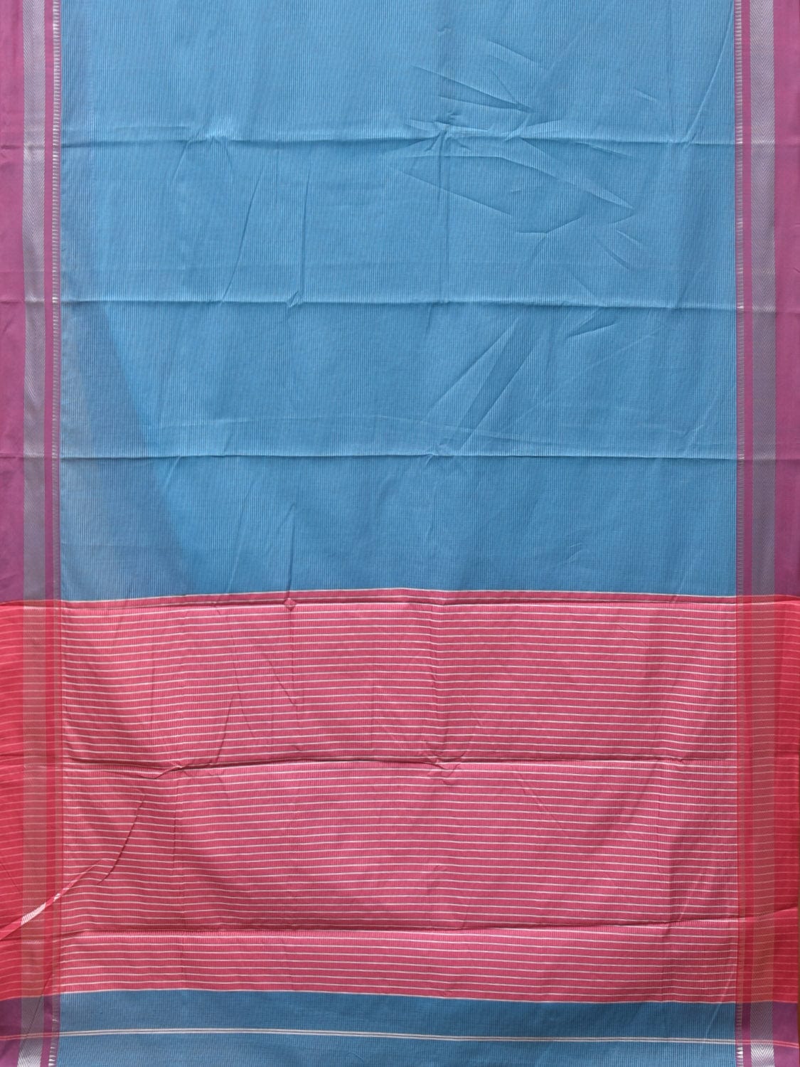 Blue and Pink Bamboo Cotton Saree with Strips Design No Blouse - Global Threads - Distacart