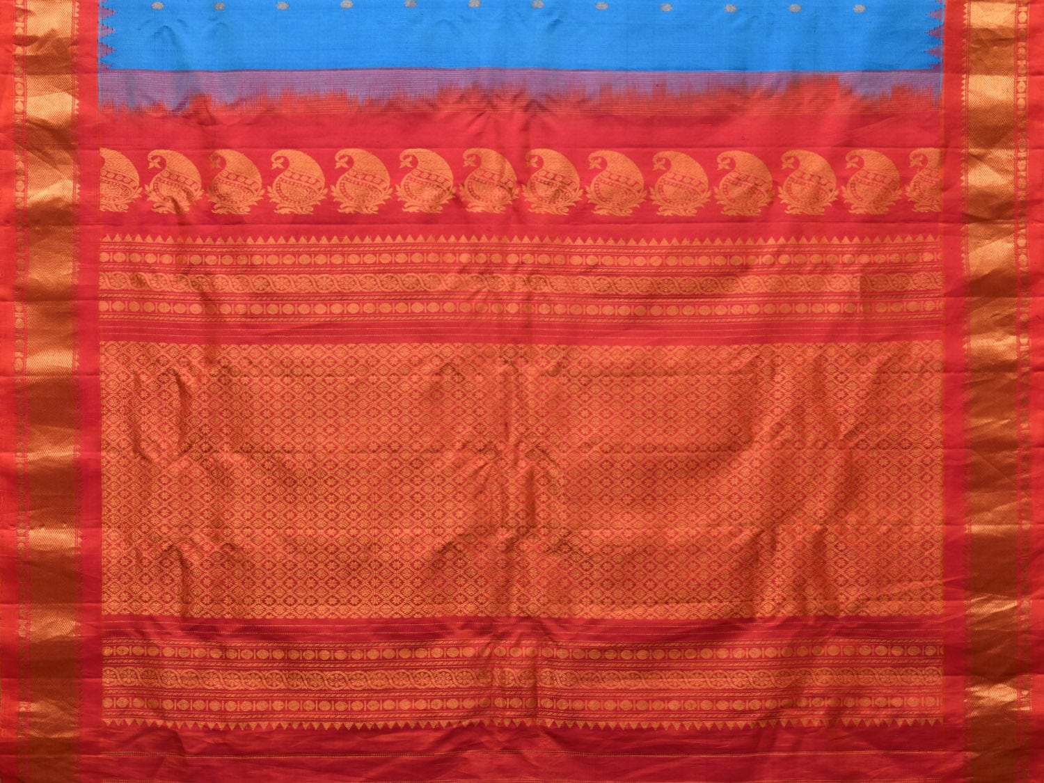 Blue and Red Gadwal Silk Handloom Saree with Mango Pallu Design - Global Threads - Distacart