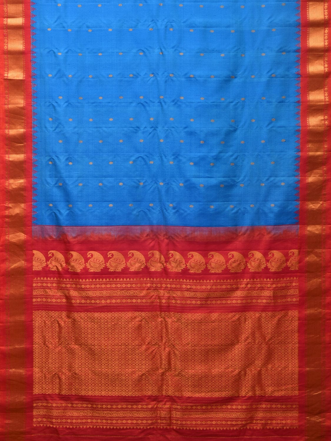Blue and Red Gadwal Silk Handloom Saree with Mango Pallu Design - Global Threads - Distacart