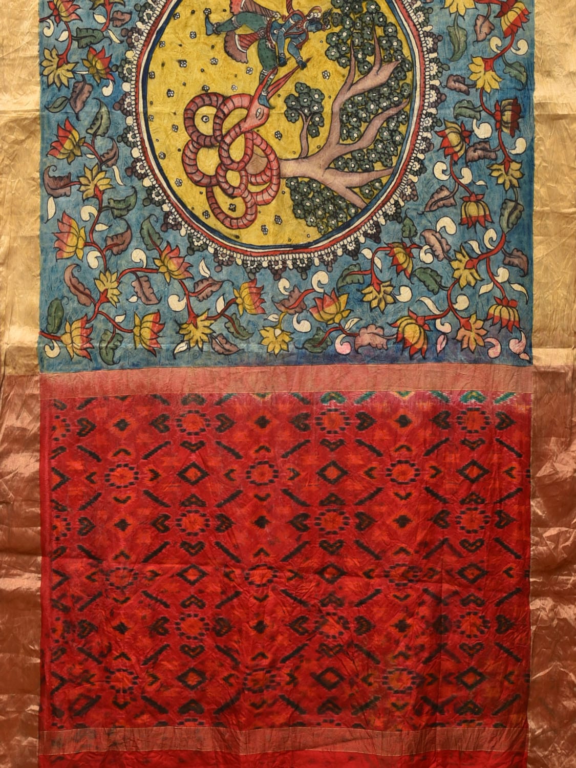 Blue and Red Kalamkari Hand Painted Ikat Silk Handloom Saree with Lotus and Krishna Design - Global Threads - Distacart