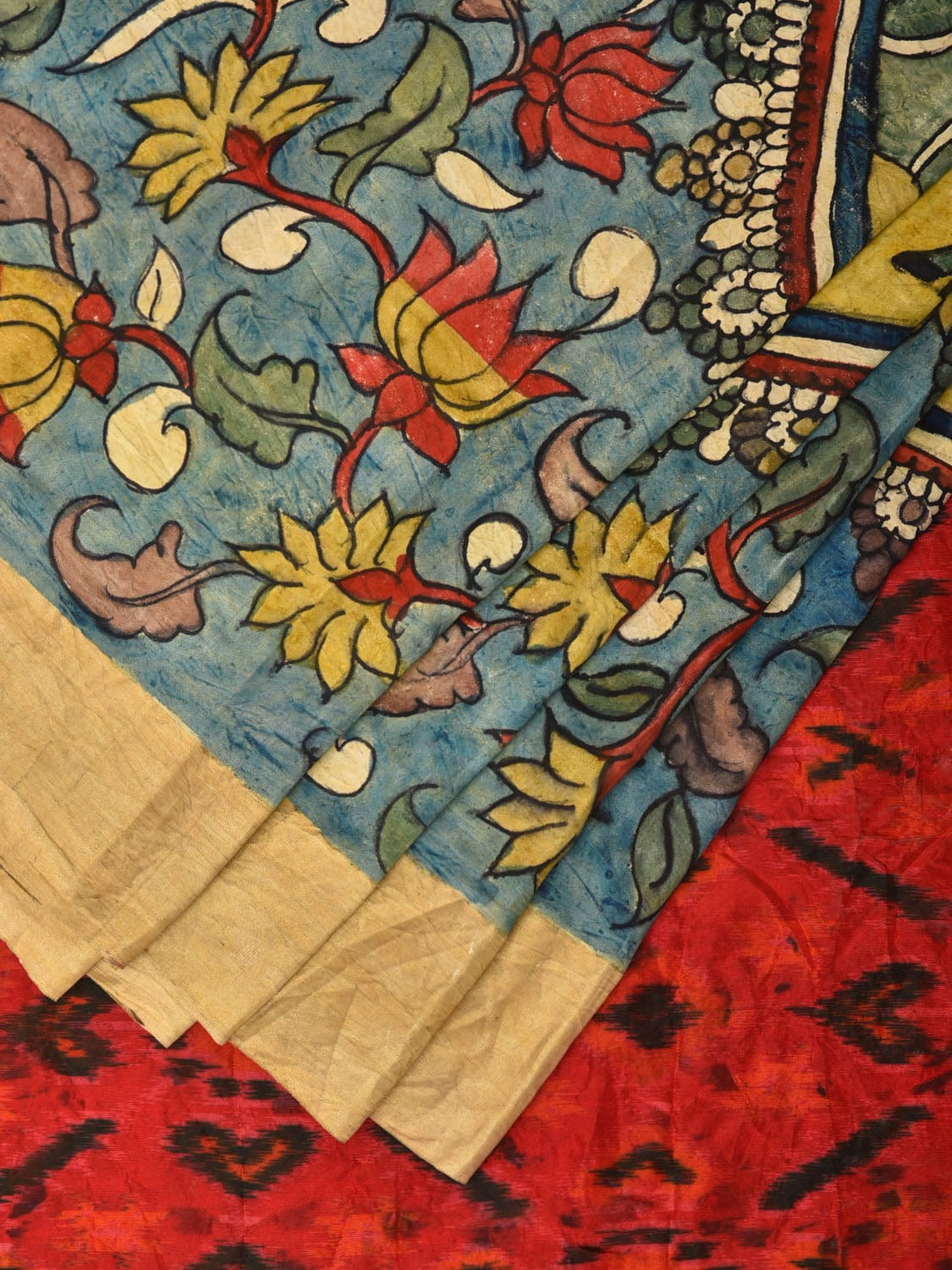 Blue and Red Kalamkari Hand Painted Ikat Silk Handloom Saree with Lotus and Krishna Design - Global Threads - Distacart