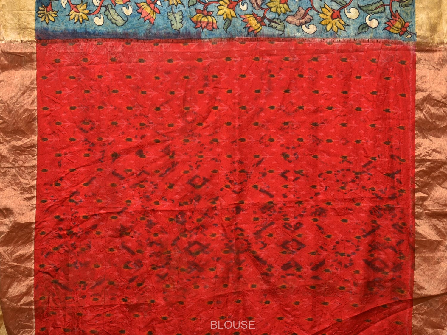Blue and Red Kalamkari Hand Painted Ikat Silk Handloom Saree with Lotus and Krishna Design - Global Threads - Distacart