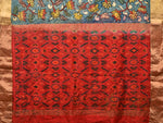 Thumbnail for Blue and Red Kalamkari Hand Painted Ikat Silk Handloom Saree with Lotus and Krishna Design - Global Threads - Distacart