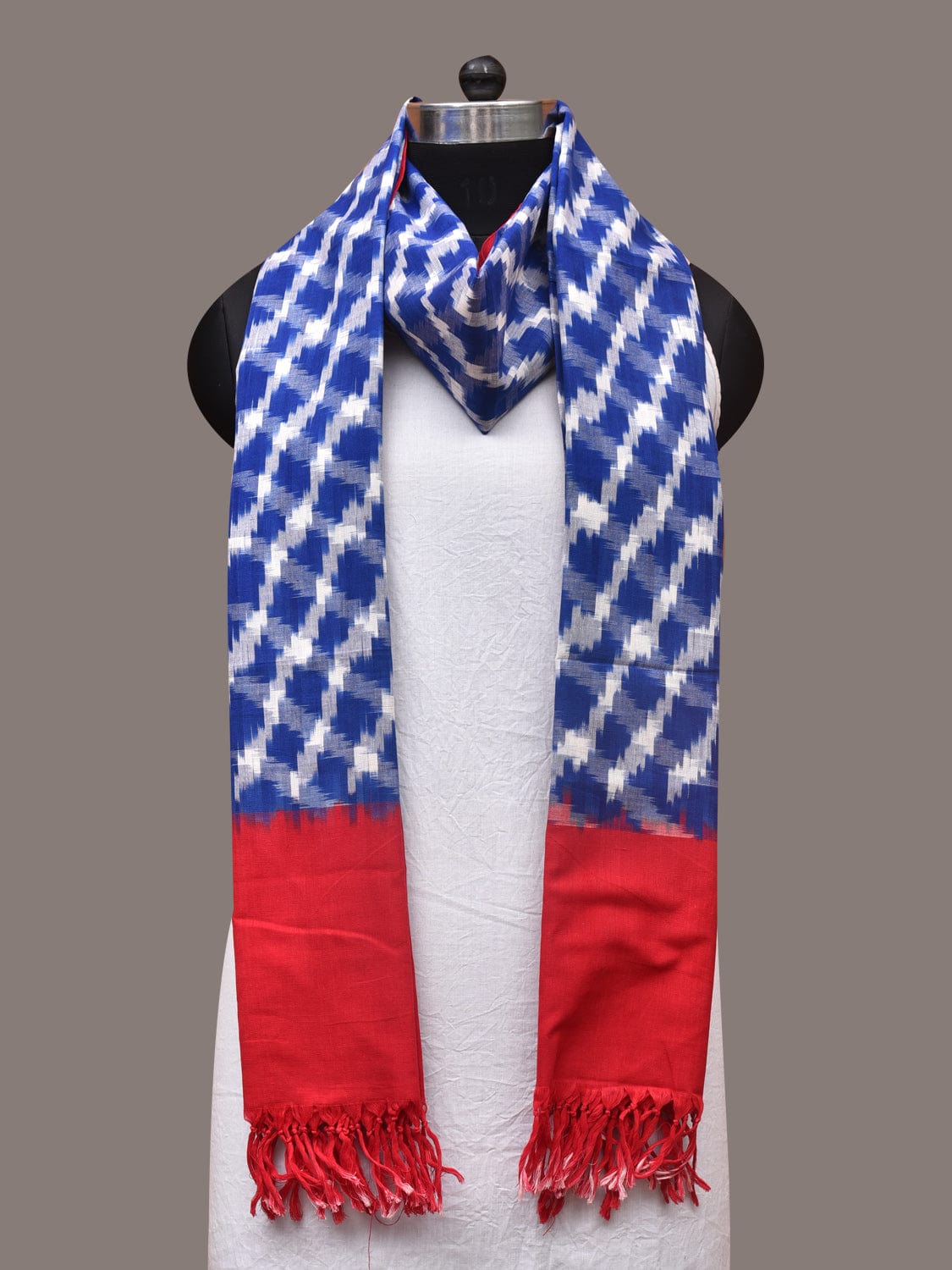 Blue and Red Pochamaplly Ikat Cotton Handloom Dupatta with Grill Design - Global Threads - Distacart