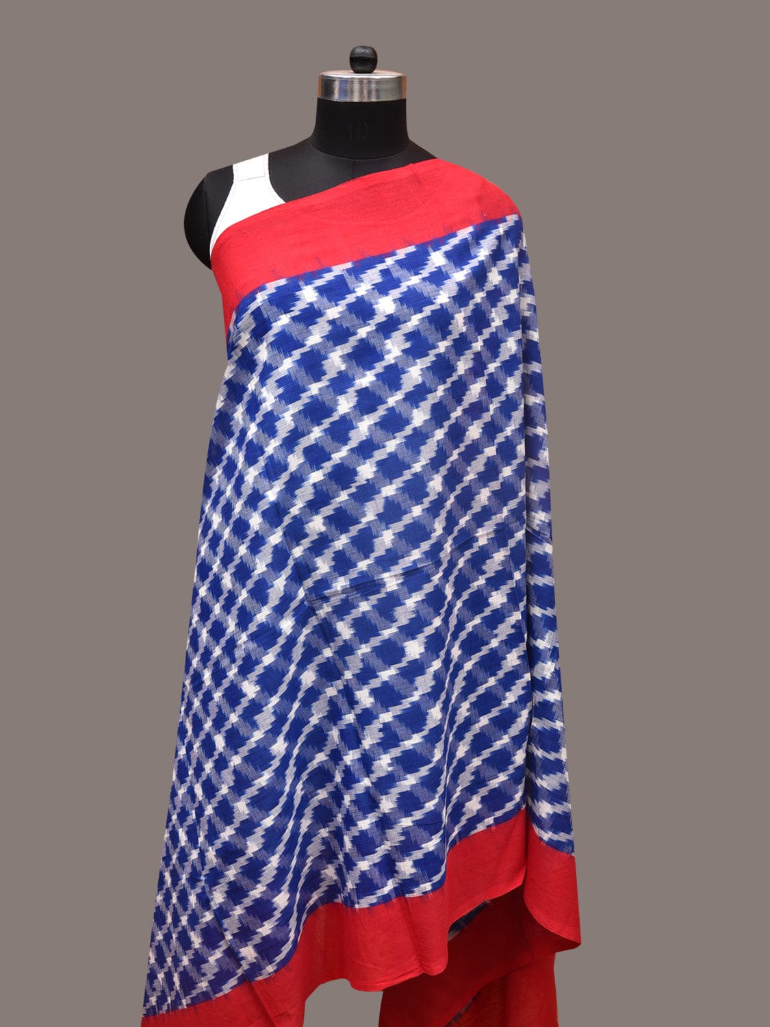 Blue and Red Pochamaplly Ikat Cotton Handloom Dupatta with Grill Design - Global Threads - Distacart