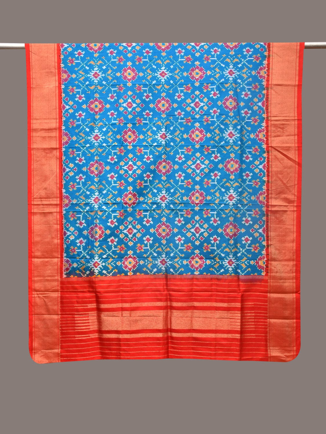 Blue and Red Pochamaplly Ikat Silk Handloom Dupatta with Geometric Design - Global Threads - Distacart