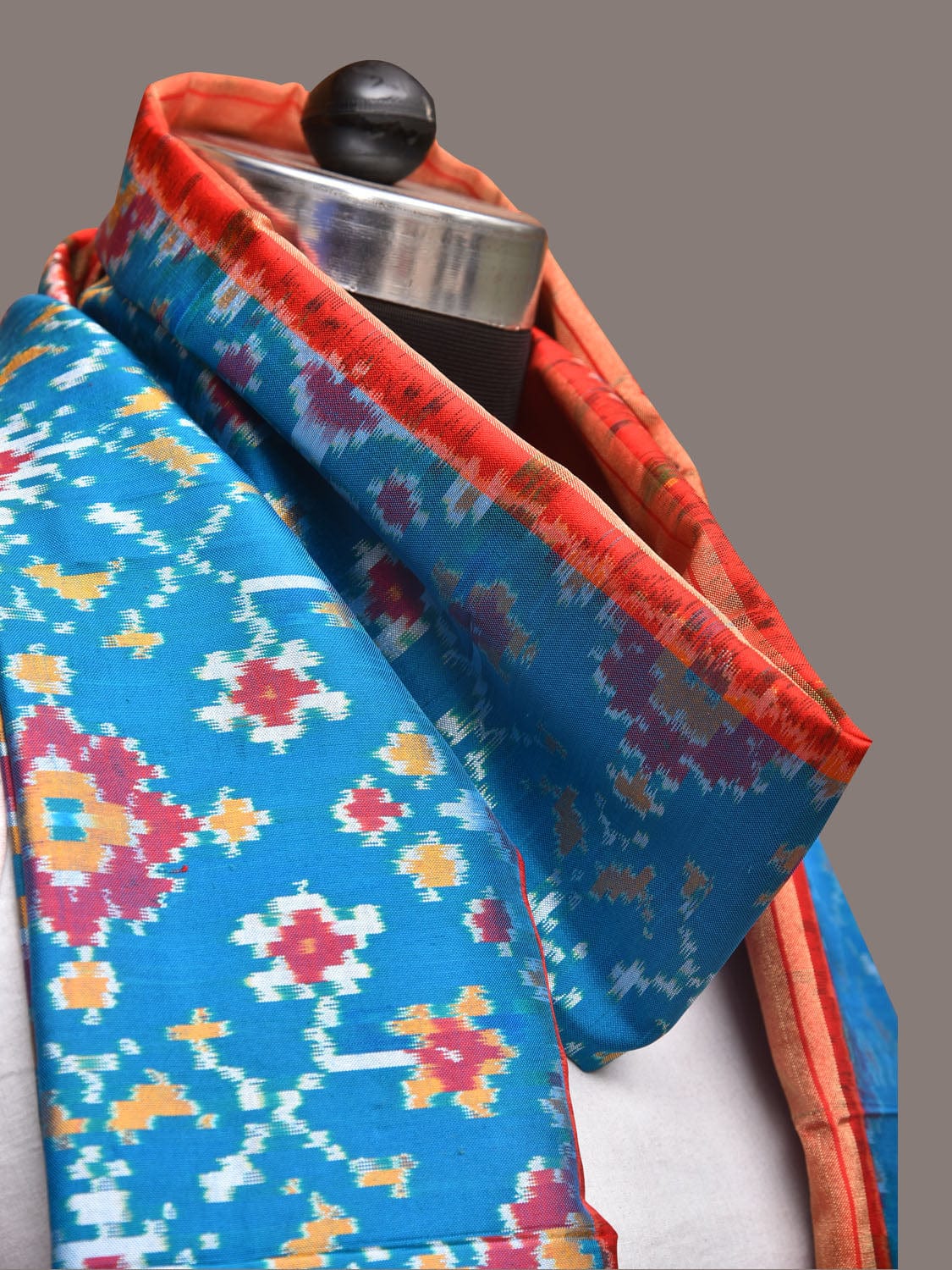 Blue and Red Pochamaplly Ikat Silk Handloom Dupatta with Geometric Design - Global Threads - Distacart