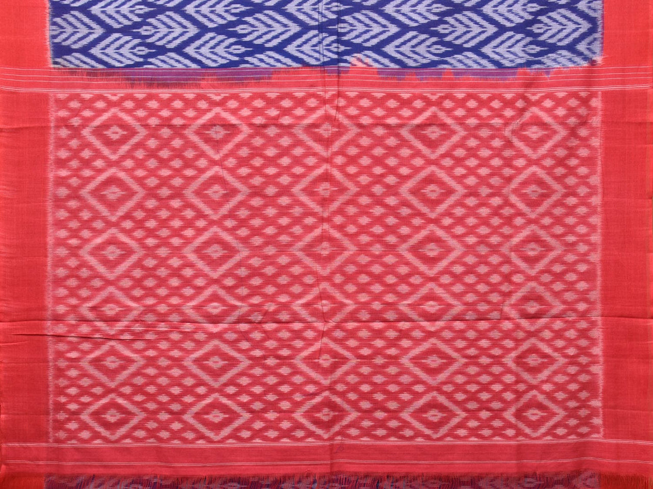 Blue and Red Pochampally Ikat Cotton Handloom Saree with All Over Design - Global Threads - Distacart