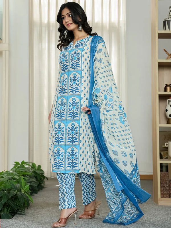 Yufta Blue And White Ethnic Motifs Straight Kurta Trouser Dupatta Set