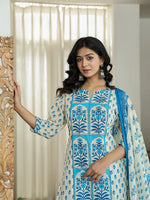 Thumbnail for Yufta Blue And White Ethnic Motifs Straight Kurta Trouser Dupatta Set