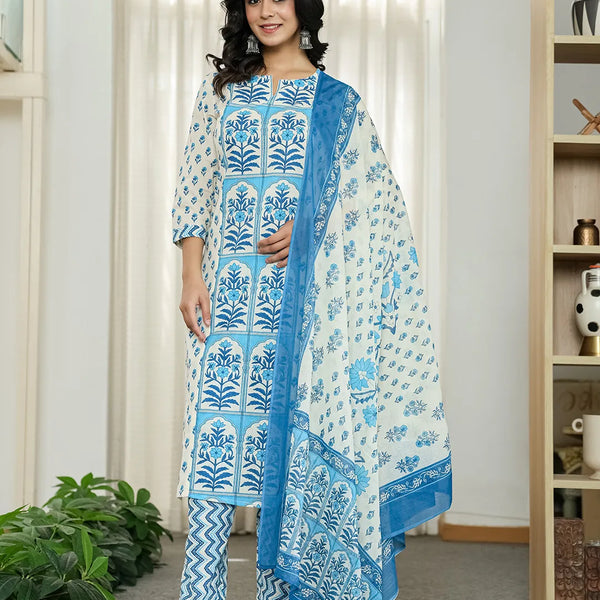 Yufta Blue And White Ethnic Motifs Straight Kurta Trouser Dupatta Set - Distacart