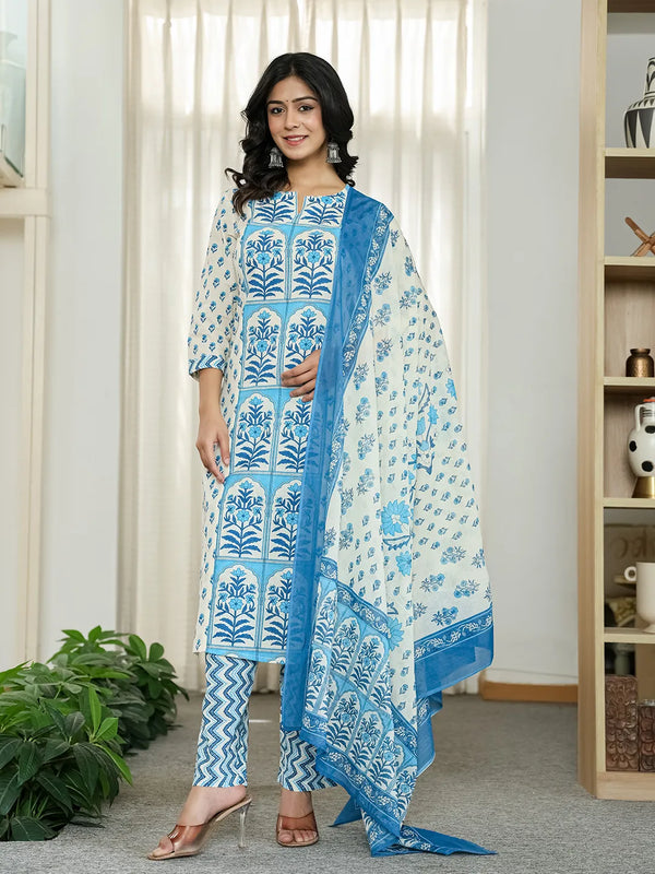 Yufta Blue And White Ethnic Motifs Straight Kurta Trouser Dupatta Set