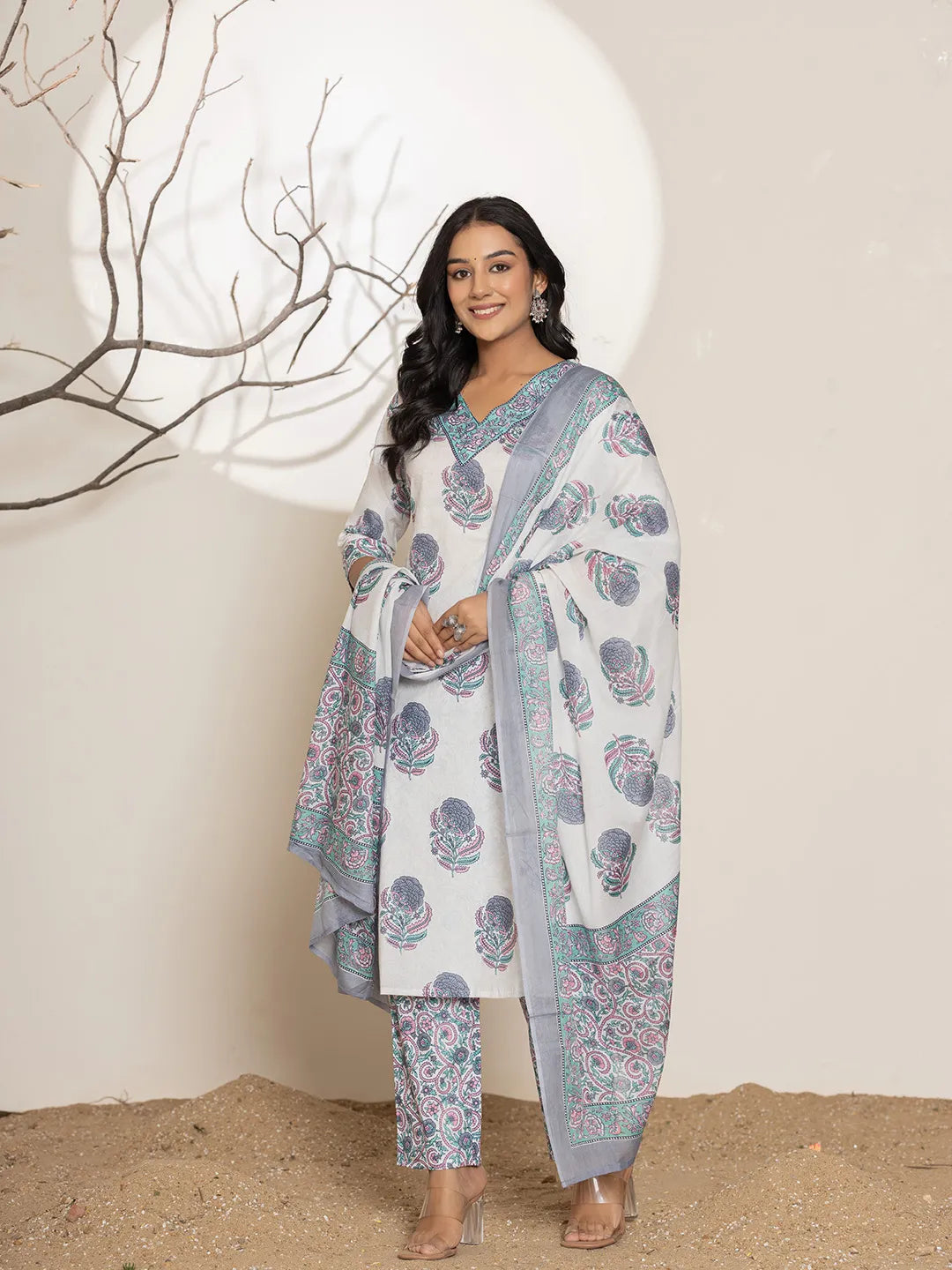 Yufta Blue & White Floral Print Cotton Straight Kurta Dupatta Set - Distacart