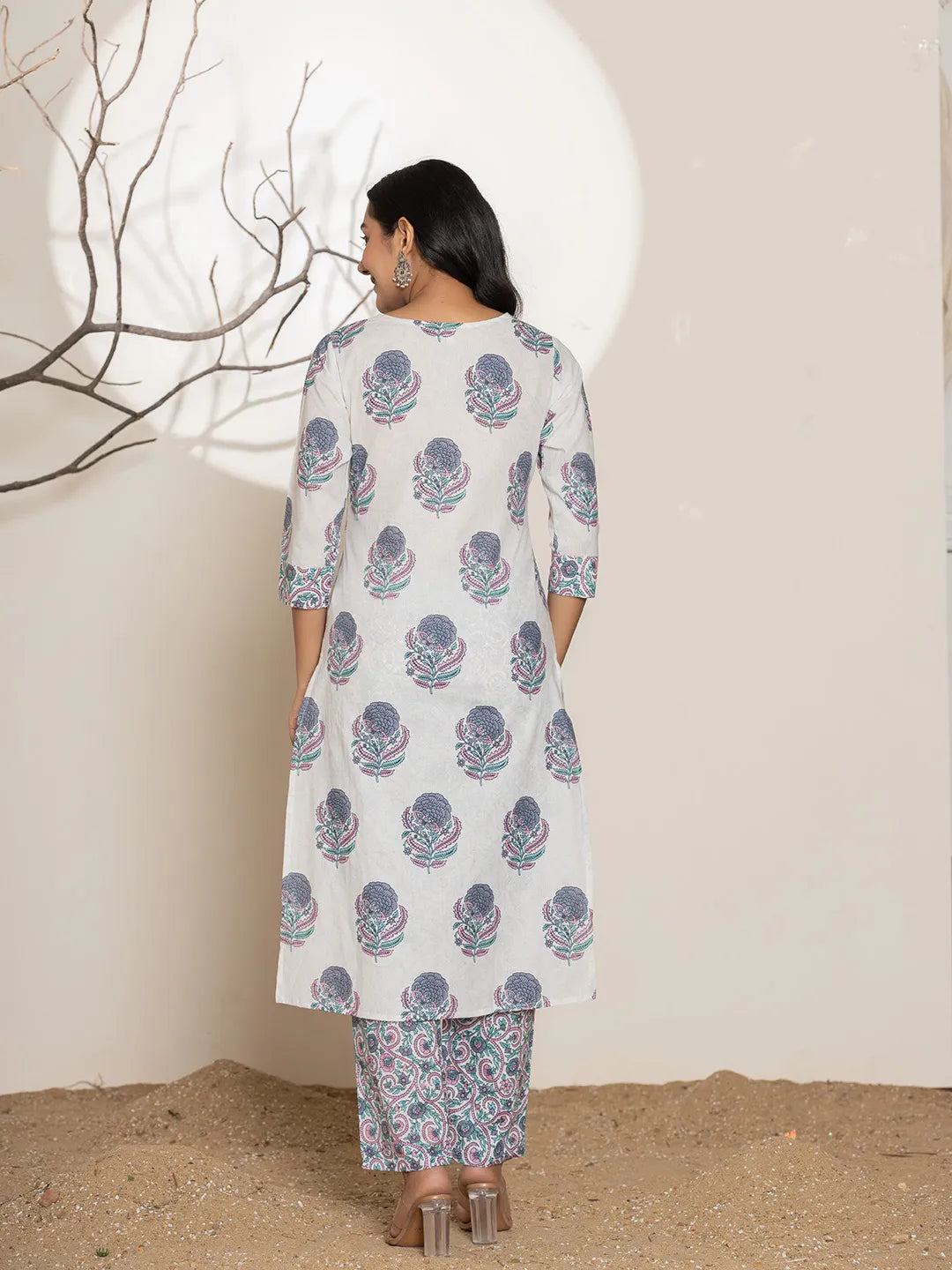 Yufta Blue & White Floral Print Cotton Straight Kurta Dupatta Set - Distacart