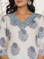 Thumbnail for Yufta Blue & White Floral Print Cotton Straight Kurta Dupatta Set - Distacart