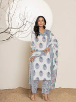 Thumbnail for Yufta Blue & White Floral Print Cotton Straight Kurta Dupatta Set - Distacart