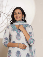 Thumbnail for Yufta Blue & White Floral Print Cotton Straight Kurta Dupatta Set - Distacart