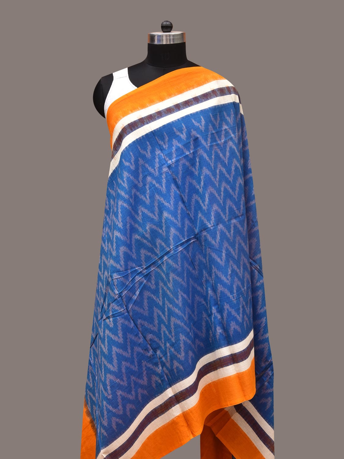 Blue and Yellow Pochamaplly Ikat Cotton Handloom Dupatta with Zig-Zag Design - Global Threads - Distacart
