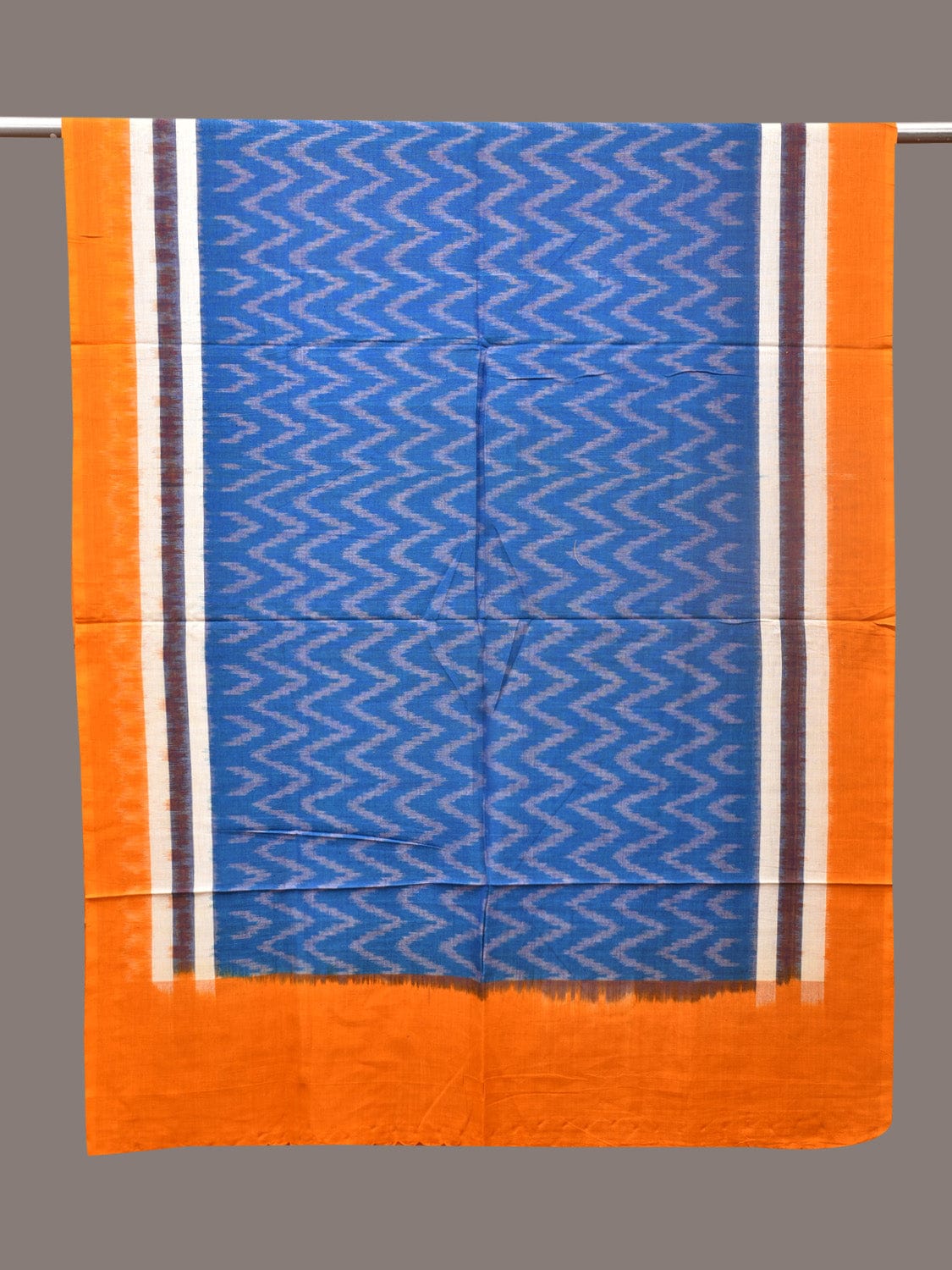 Blue and Yellow Pochamaplly Ikat Cotton Handloom Dupatta with Zig-Zag Design - Global Threads - Distacart