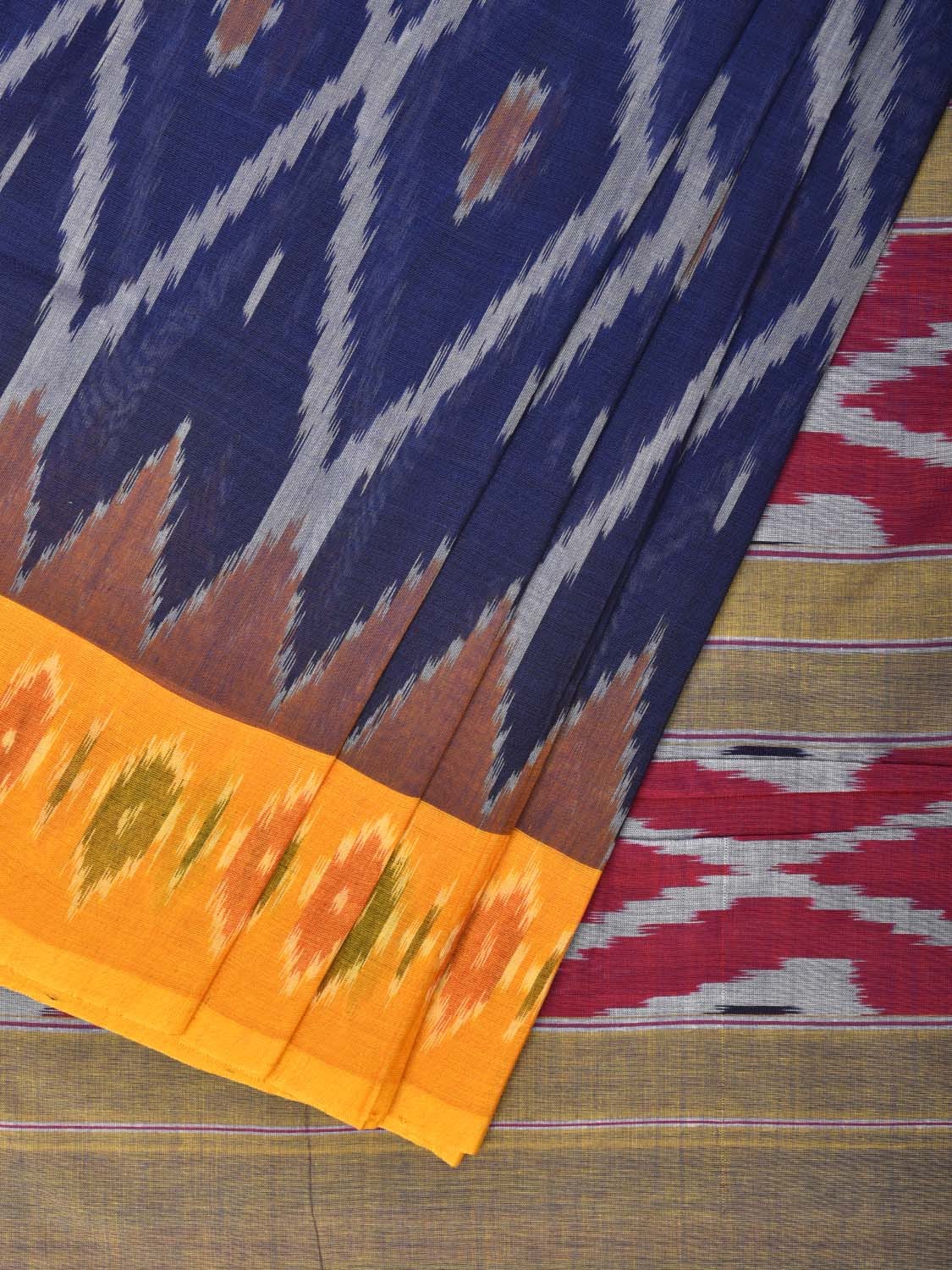 Blue and Yellow Pochampally Ikat Cotton Handloom Saree with Grill Design No Blouse - Global Threads - Distacart