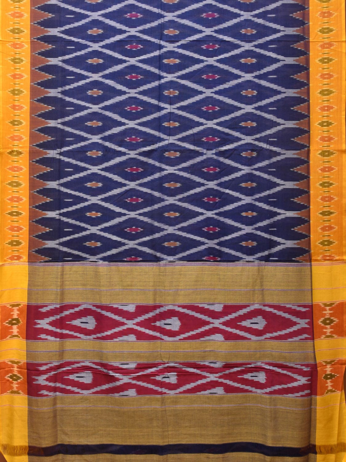Blue and Yellow Pochampally Ikat Cotton Handloom Saree with Grill Design No Blouse - Global Threads - Distacart