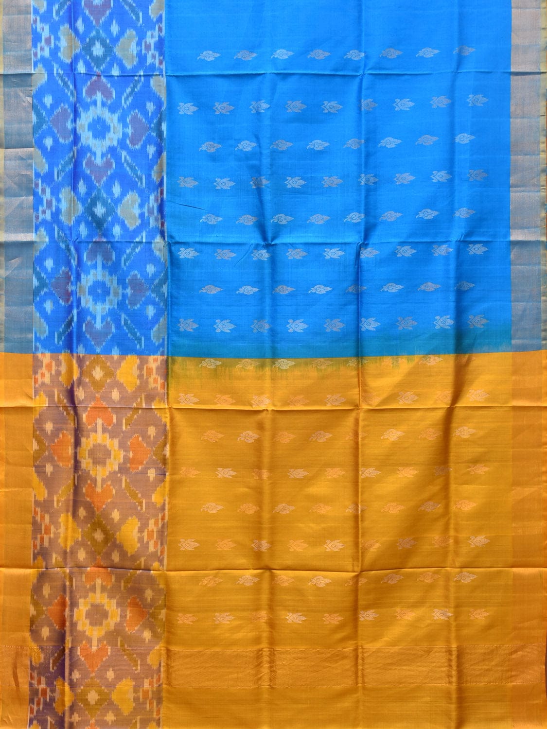 Blue and Yellow Uppada Silk Handloom Saree with Buta and Ikat Border Design - Global Threads - Distacart