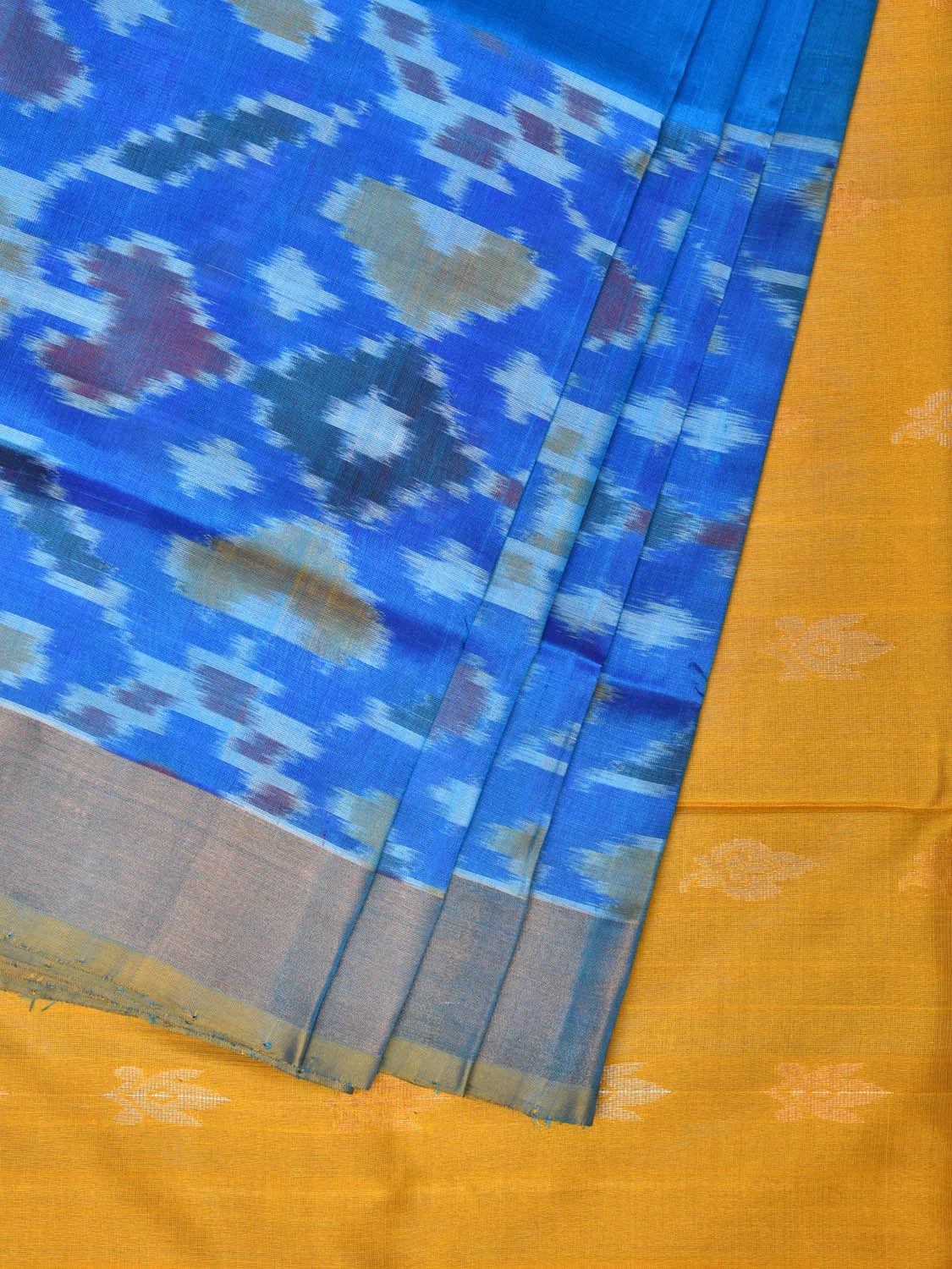 Blue and Yellow Uppada Silk Handloom Saree with Buta and Ikat Border Design - Global Threads - Distacart