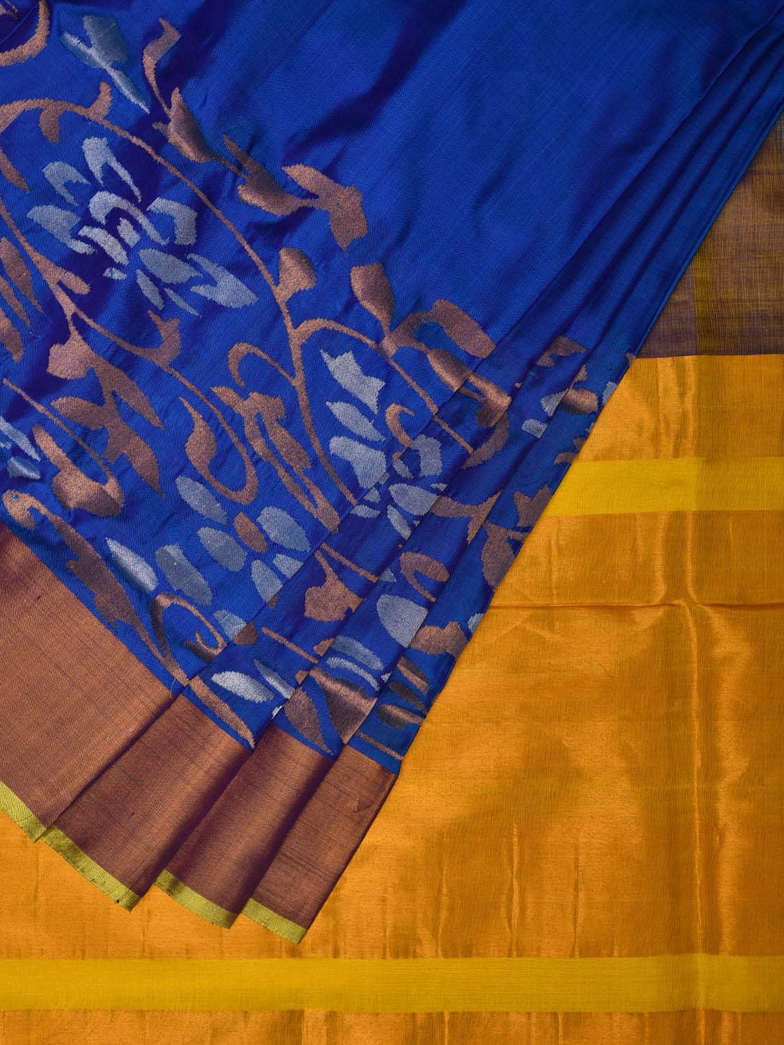 Blue and Yellow Uppada Silk Handloom Saree with One Side Border Design - Global Threads - Distacart