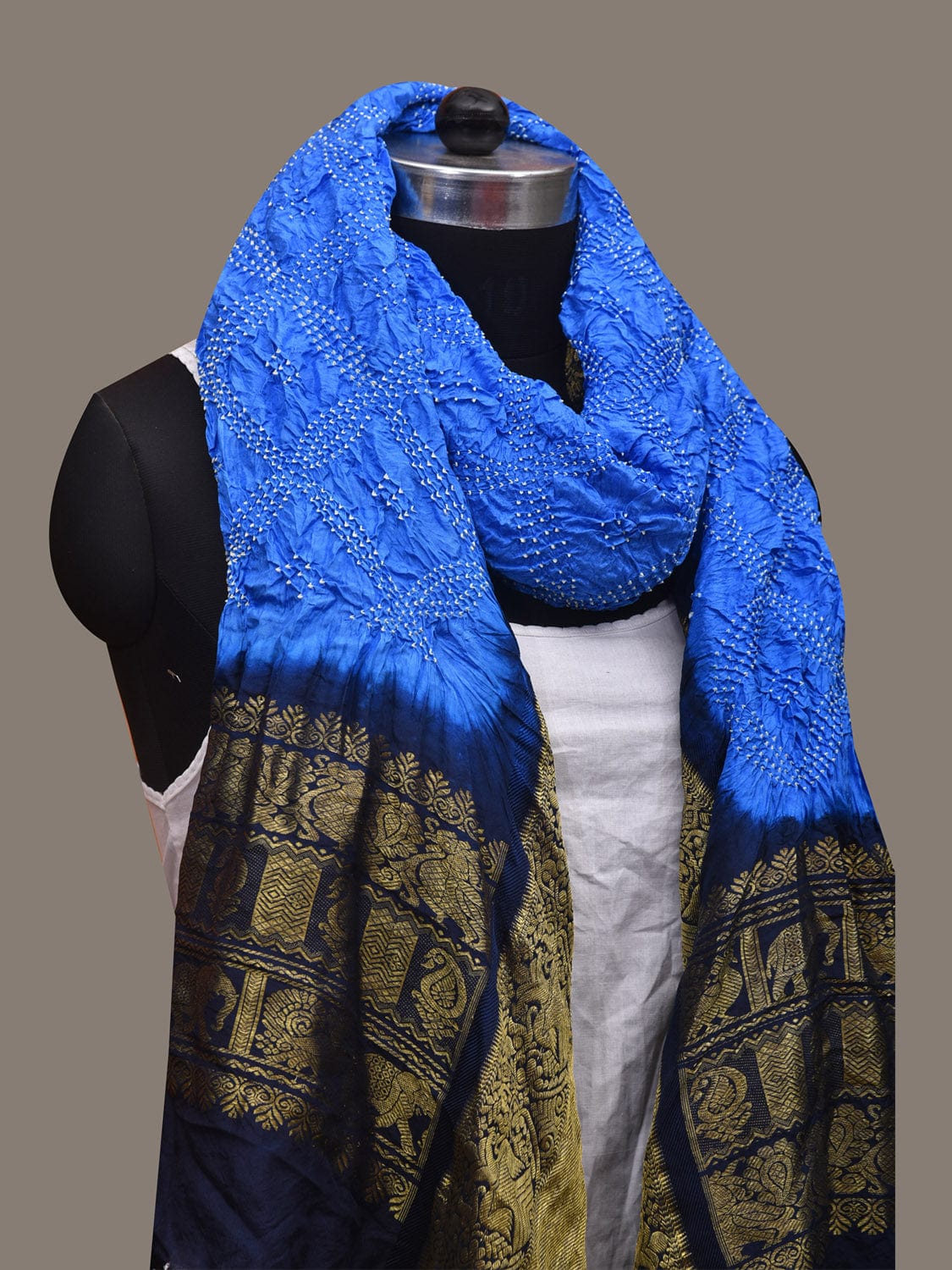 Blue Bandhani Kanchipuram Silk Handloom Dupatta with Border Design - Global Threads - Distacart