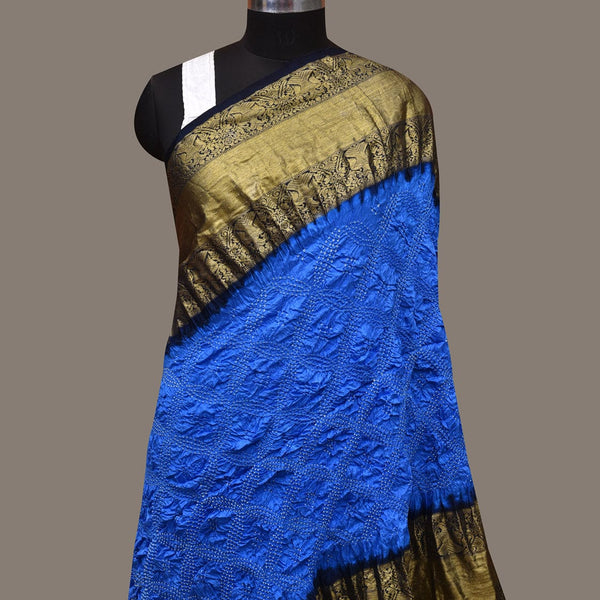 Blue Bandhani Kanchipuram Silk Handloom Dupatta with Border Design - Global Threads - Distacart
