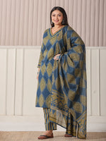 Thumbnail for Yufta Blue Block Print Cotton Lace Work Plus Size Kurta Set With Pant & Dupatta