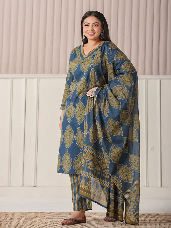Yufta Blue Block Print Cotton Lace Work Plus Size Kurta Set With Pant & Dupatta