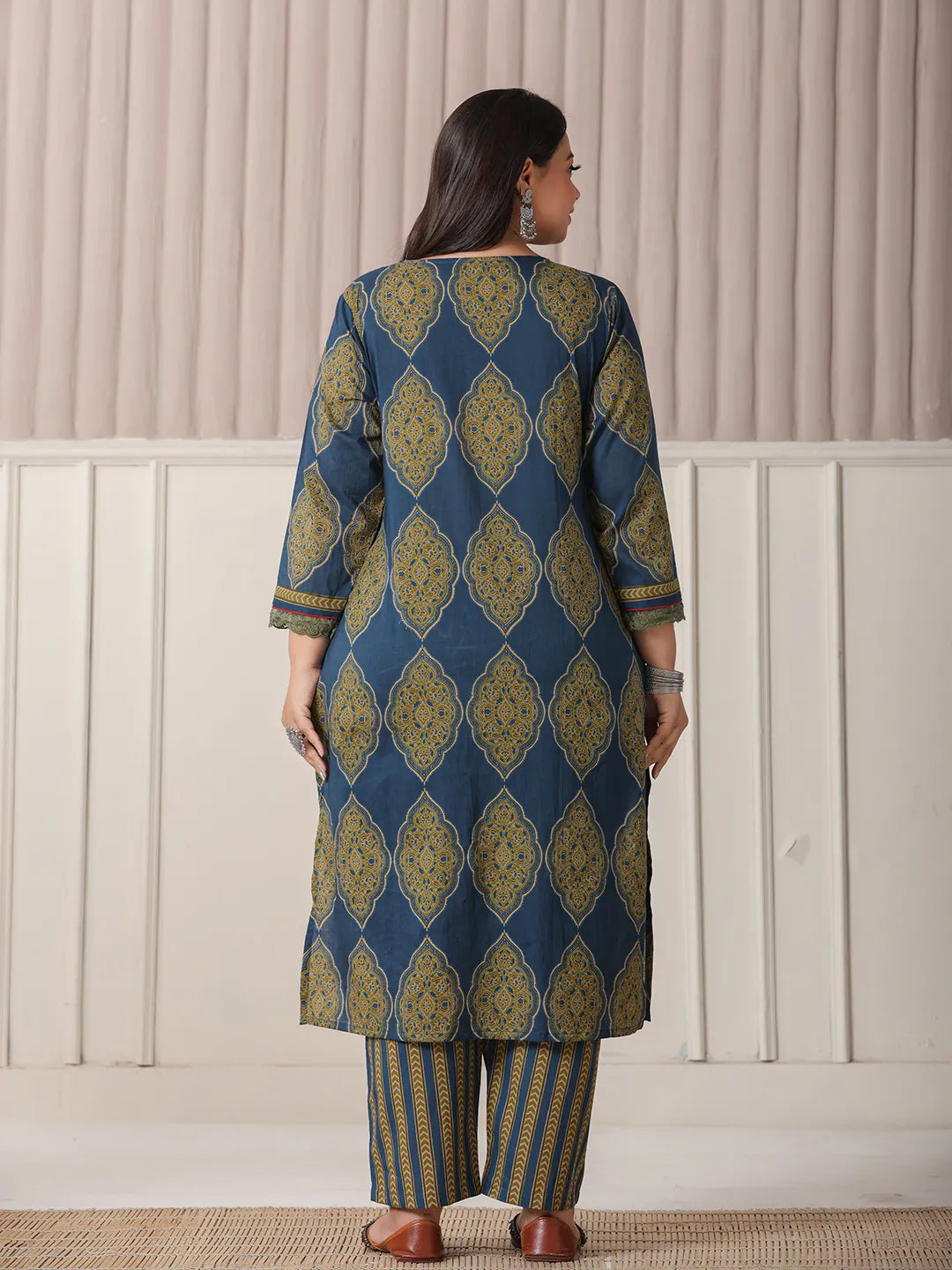 Yufta Blue Block Print Cotton Lace Work Plus Size Kurta Set With Pant & Dupatta