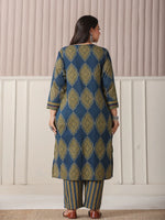 Thumbnail for Yufta Blue Block Print Cotton Lace Work Plus Size Kurta Set With Pant & Dupatta