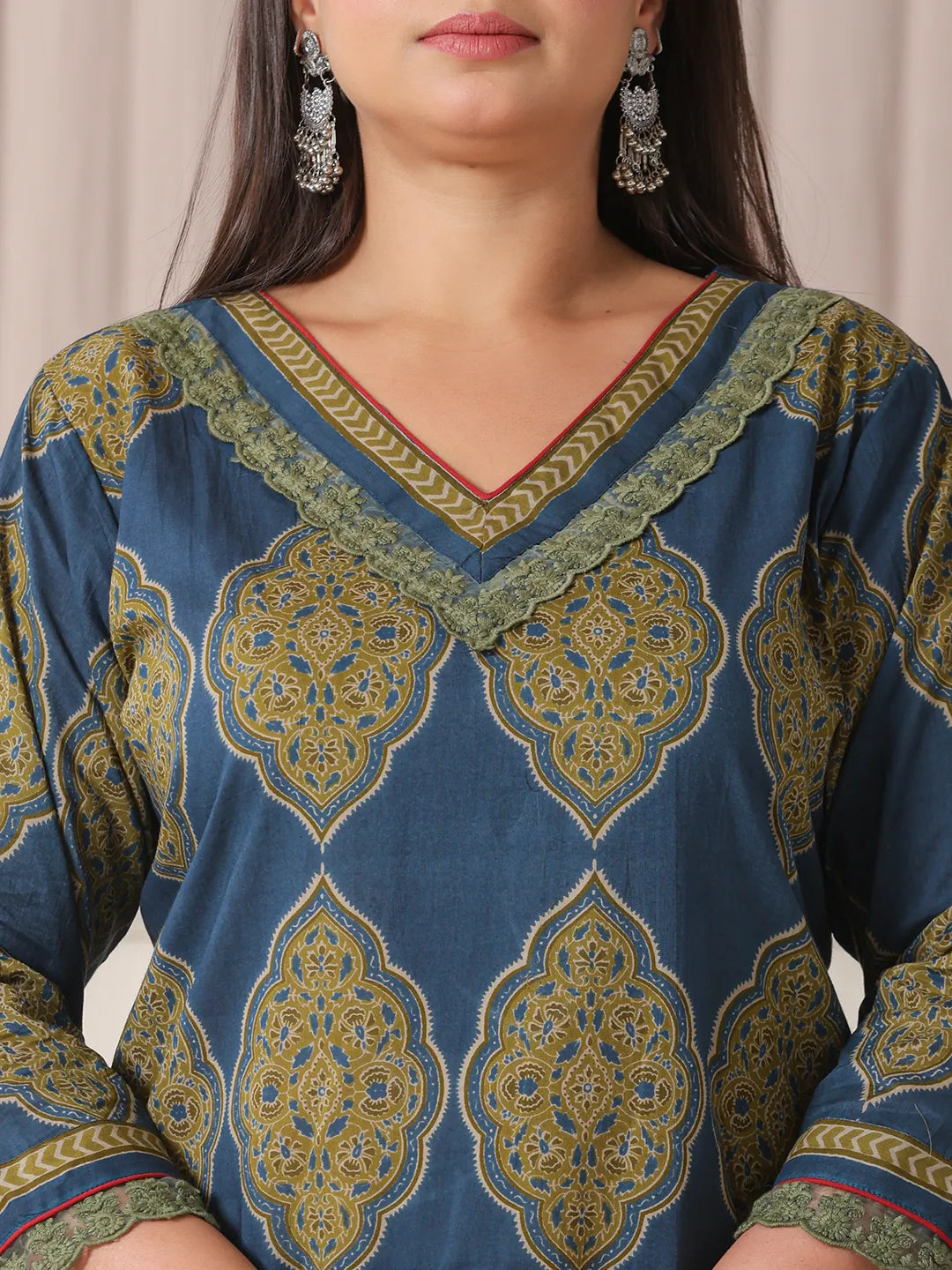 Yufta Blue Block Print Cotton Lace Work Plus Size Kurta Set With Pant & Dupatta
