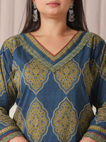 Thumbnail for Yufta Blue Block Print Cotton Lace Work Plus Size Kurta Set With Pant & Dupatta