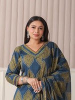 Thumbnail for Yufta Blue Block Print Cotton Lace Work Plus Size Kurta Set With Pant & Dupatta