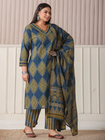 Thumbnail for Yufta Blue Block Print Cotton Lace Work Plus Size Kurta Set With Pant & Dupatta