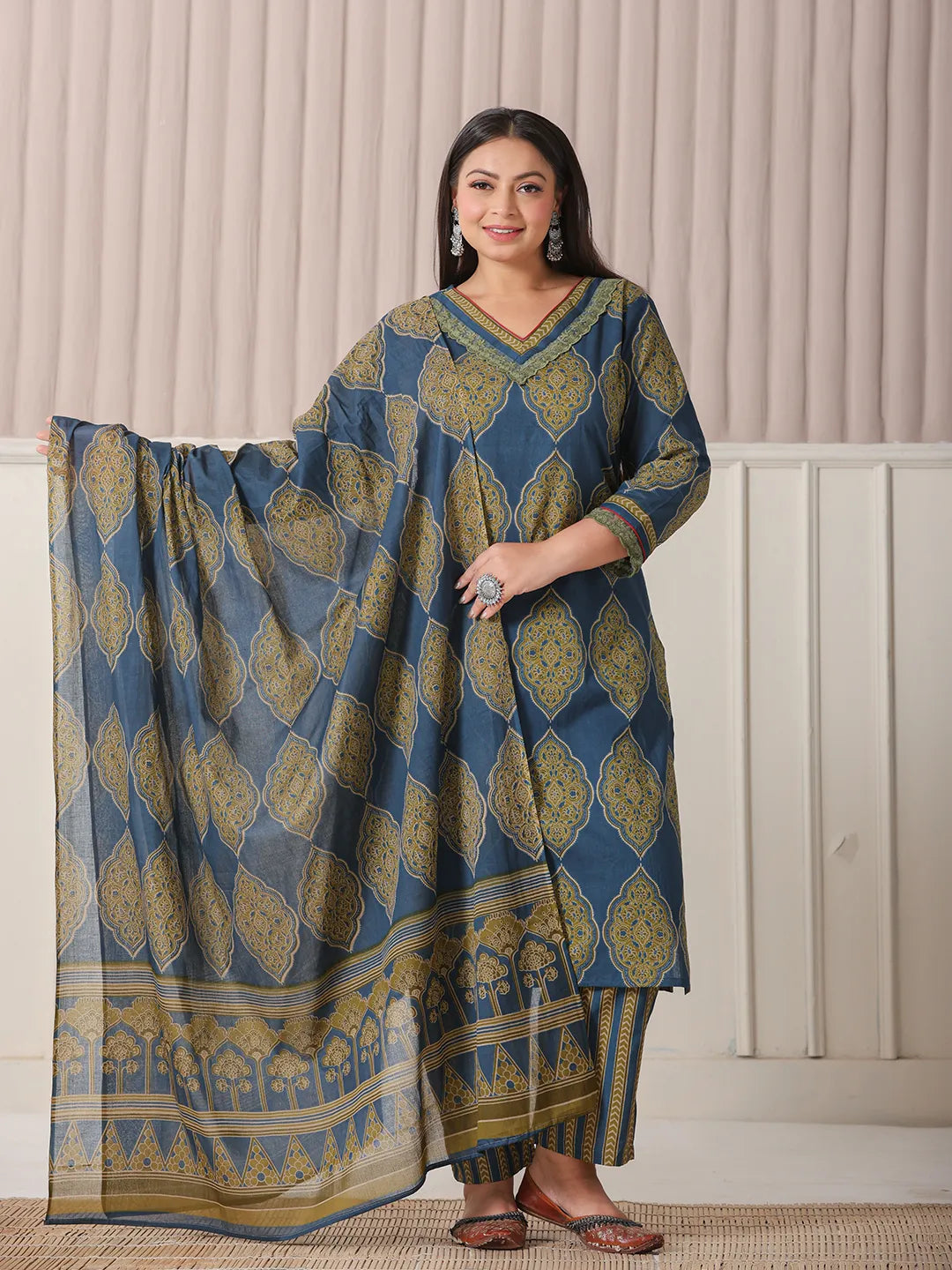 Yufta Blue Block Print Cotton Lace Work Plus Size Kurta Set With Pant & Dupatta - Distacart