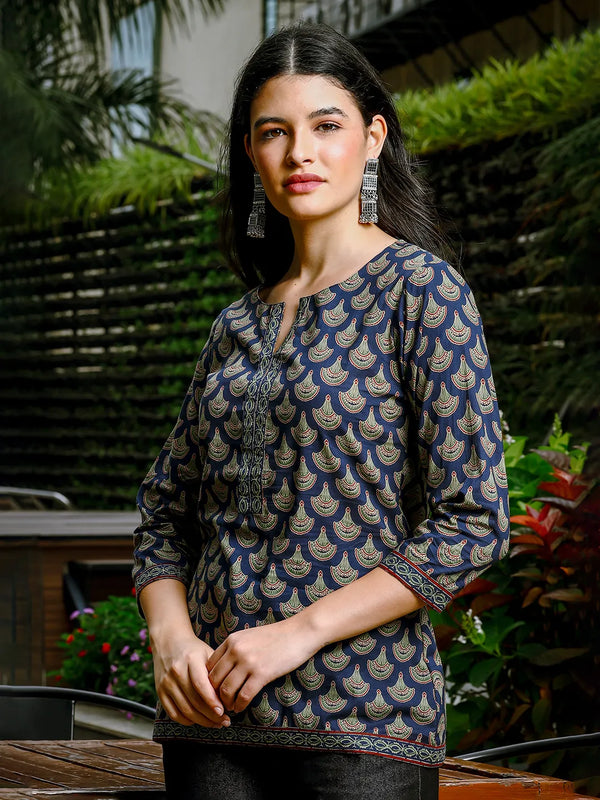 Yufta Blue Cotton Abstract Print Regular Top