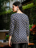 Thumbnail for Yufta Blue Cotton Abstract Print Regular Top