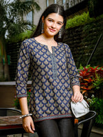 Thumbnail for Yufta Blue Cotton Abstract Print Regular Top