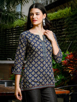 Thumbnail for Yufta Blue Cotton Abstract Print Regular Top