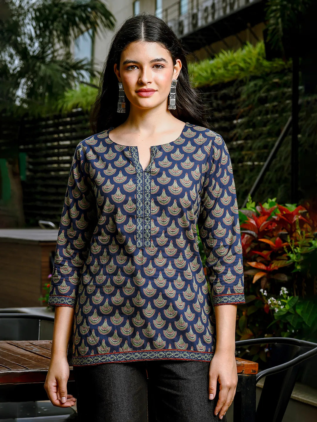 Yufta Blue Cotton Abstract Print Regular Top