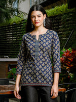 Thumbnail for Yufta Blue Cotton Abstract Print Regular Top