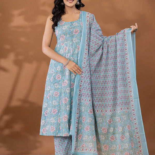 Yufta Blue Cotton Anarkali Square Neck Kurta Dupatta Set - Distacart