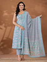 Thumbnail for Yufta Blue Cotton Anarkali Square Neck Kurta Dupatta Set