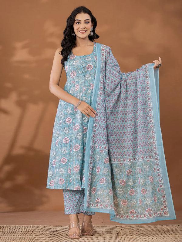 Yufta Blue Cotton Anarkali Square Neck Kurta Dupatta Set